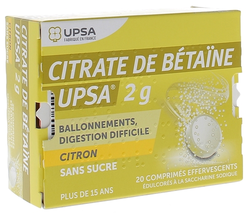 Citrate de betaine 2g citron sans sucre effervescent UPSA - boite de 20 comprimés
