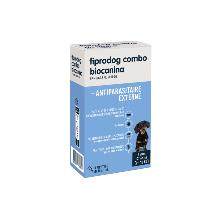 Fiprodog Combo 67 mg/60,3 mg äußeres Antiparasitikum für kleine Hunde (2-10 kg) Biocanina - Packung mit 3 Pipetten zu 0,67 ml