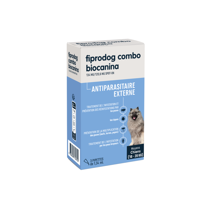 Fiprodog Combo 134 mg/120,6 mg äußeres Antiparasitikum für mittelgroße Hunde (10-20 kg) Biocanina - Packung mit 3 Pipetten à 1,34 ml