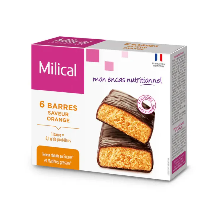 Proteinriegel mit Orangengeschmack, nahrhafter Snack von Milical - Packung mit 6 Riegeln