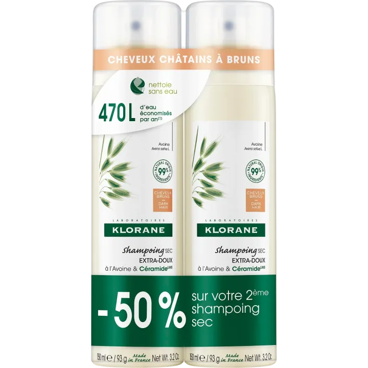Extra-sanftes, getöntes Trockenshampoo für kastanienbraunes bis braunes Haar von Klorane - 2er-Pack mit 150 ml Sprays