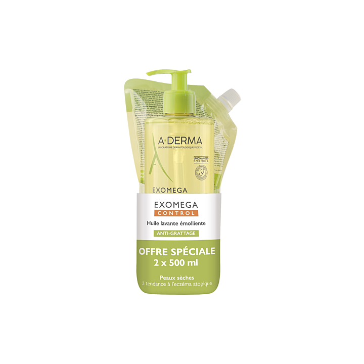Exomega Control Emollient Waschöl gegen Juckreiz A-derma - Pumpflasche und Nachfüllpackung von 500 ml