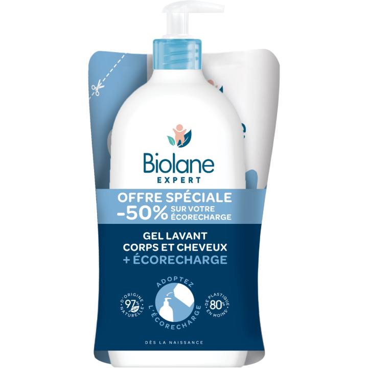 Körper- und Haarwaschgel + Eco-Nachfüllung Biolane - Pumpflasche und Nachfüllpackung von 500 ml