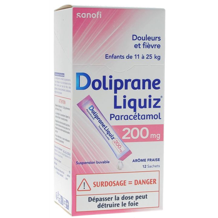 Doliprane Liquiz 200 mg ohne Zucker - Packung mit 12 Beuteln