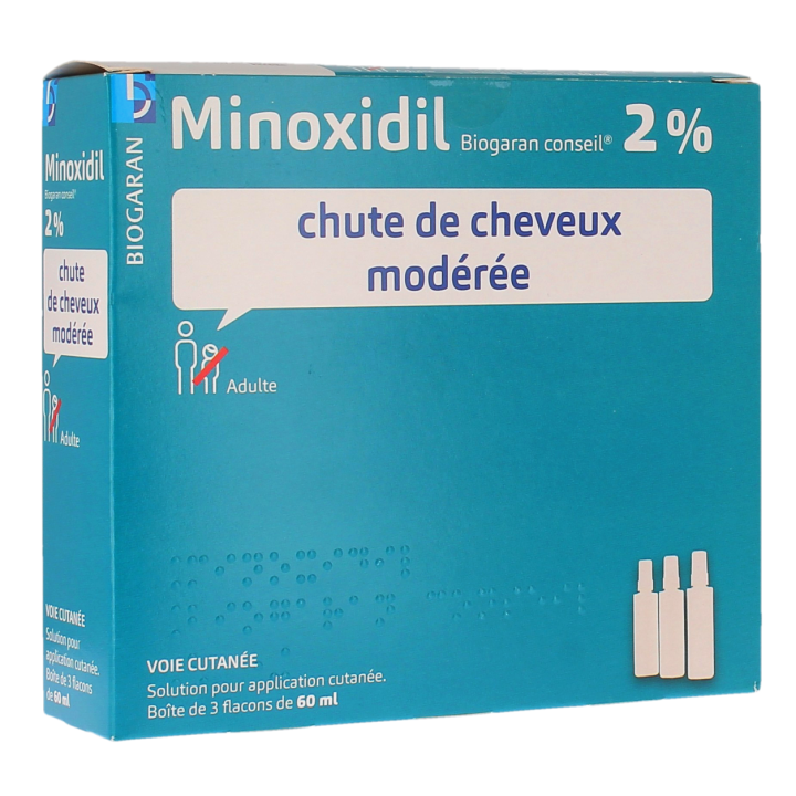Minoxidil gegen mäßigen Haarausfall 2% Biogaran - Packung mit 3 Flaschen à 60 ml