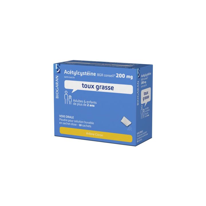 Acetylcystein Biogaran 200mg Zitronenaroma Pulver zur Herstellung einer Lösung zum Trinken - Packung mit 18 Beuteln