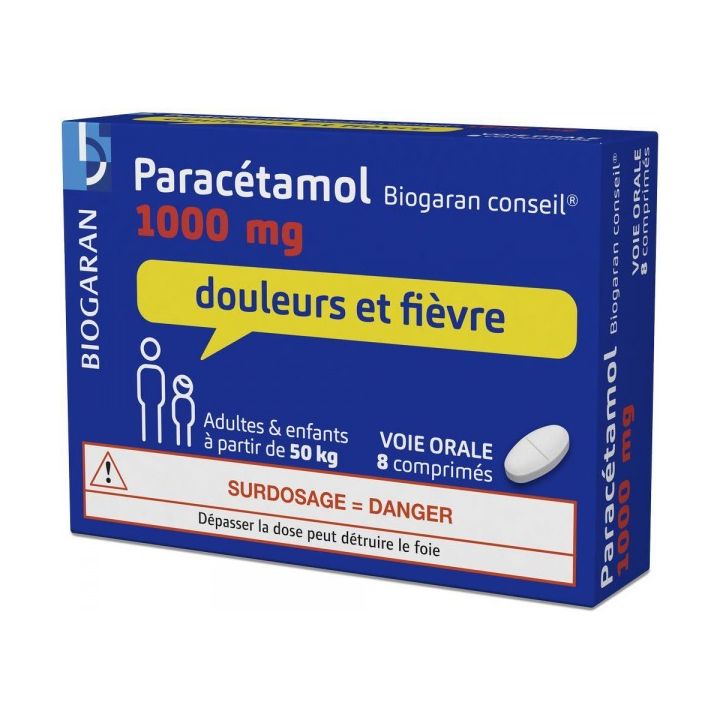 Paracetamol 1000mg Schmerzen und Fieber Biogaran - eine Packung mit 8 Tabletten