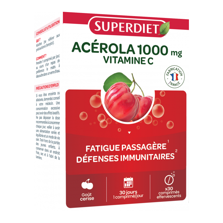 Acerola 1000mg + Vitamin C Superdiet - Packung mit 30 Brausetabletten