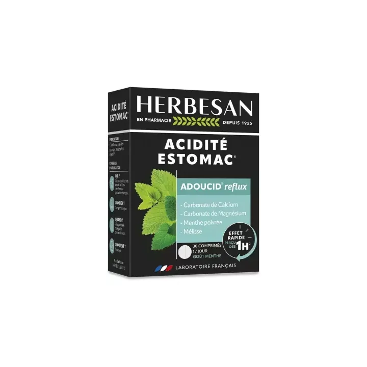 Adoucid Reflux Säure Magen Geschmack Minze Herbesan - Packung mit 30 Kautabletten