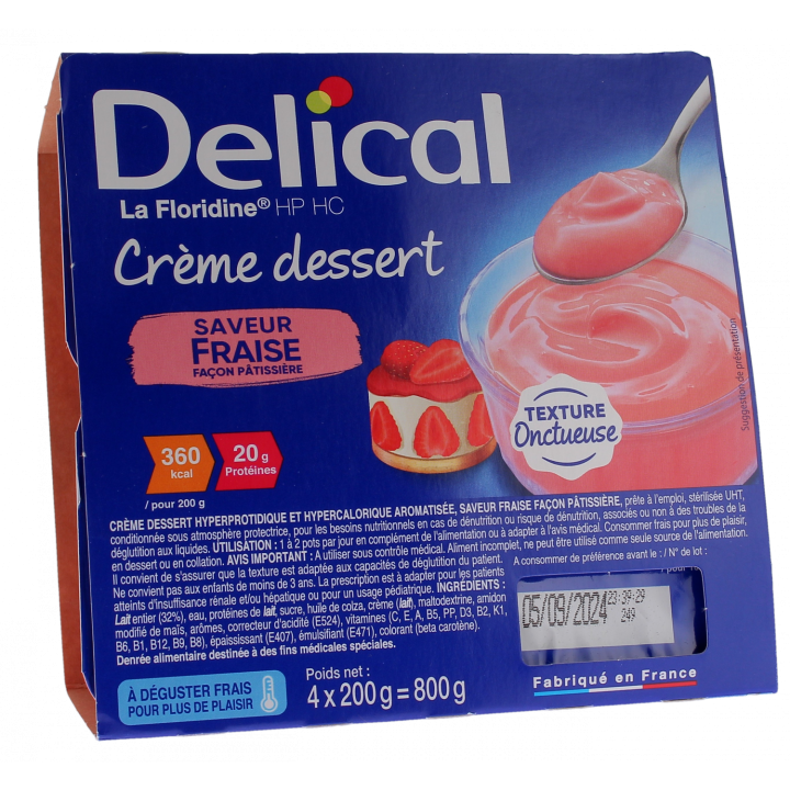 Delical Dessertcreme HP/HC La Floridine mit Puddinggeschmack Erdbeere - 4 Becher à 200g