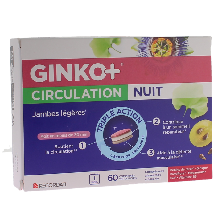 Ginko+ Durchblutung Nacht leichte Beine Dreifachwirkung Bouchara - Packung mit 60 Tabletten
