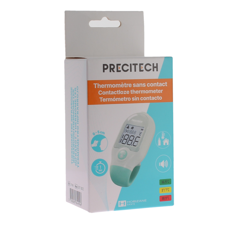 Precitech Mini-Infrarot-Thermometer Grün ohne Kontakt Horizane - Verpackung mit einem Thermometer