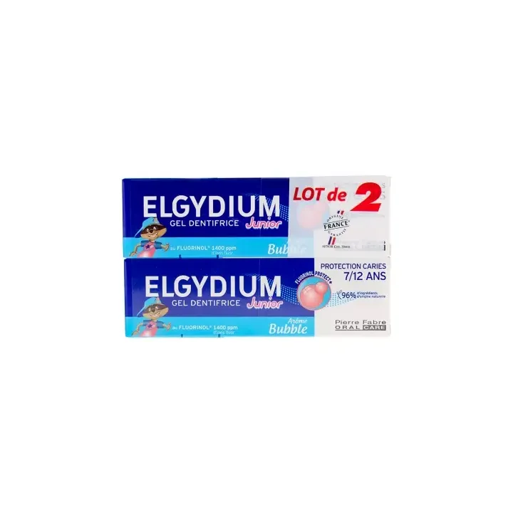 Fluorinol-Zahnpasta 7-12 Jahre Geschmack Bubble Junior Elgydium - Packung mit 2x50ml