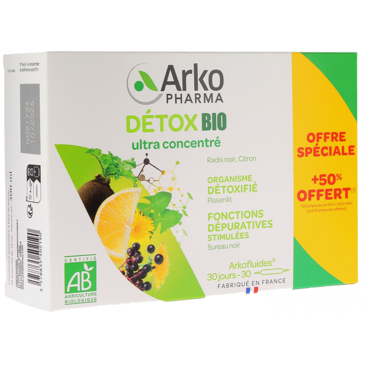 Arkofluides Detox bio Arkopharma - Schachtel mit 20 Ampullen + 10 geschenkt