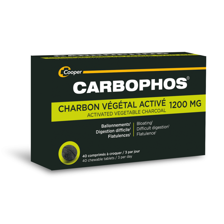Carbophos 1200mg aktivierte Pflanzenkohle - Packung mit 40 KaTabletten