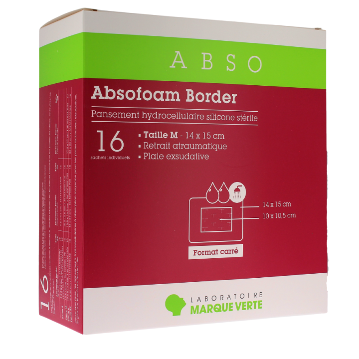Absofoam Border Hydrocellular Silikonverband steril Größe M Grüne Marke - Schachtel mit 16 Verbänden von 14 x 15 cm