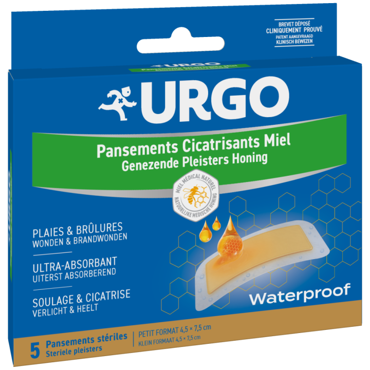 Wundheilende wasserfeste Honigpflaster Urgo - Packung mit 5 sterilen Pflastern