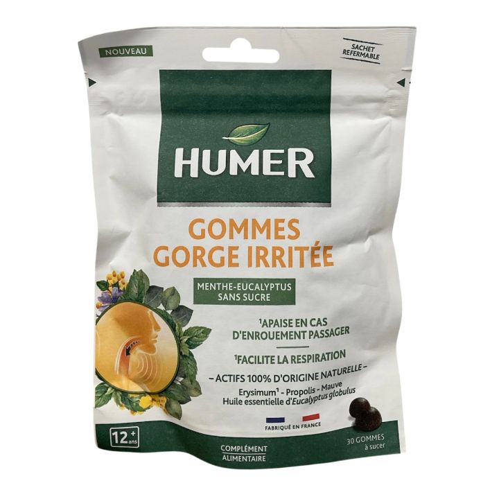 Gummis bei gereiztem Hals Menthol-Eukalyptus zuckerfrei Humer - Beutel mit 30 Gummis