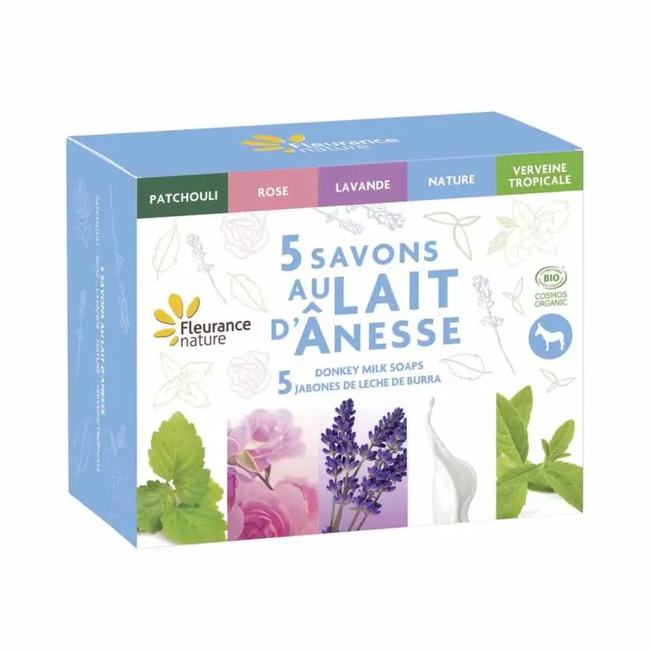 Geschenkset mit 5 Eselmilchseifen von Fleurance Nature - Box mit 5 Seifen à 100g