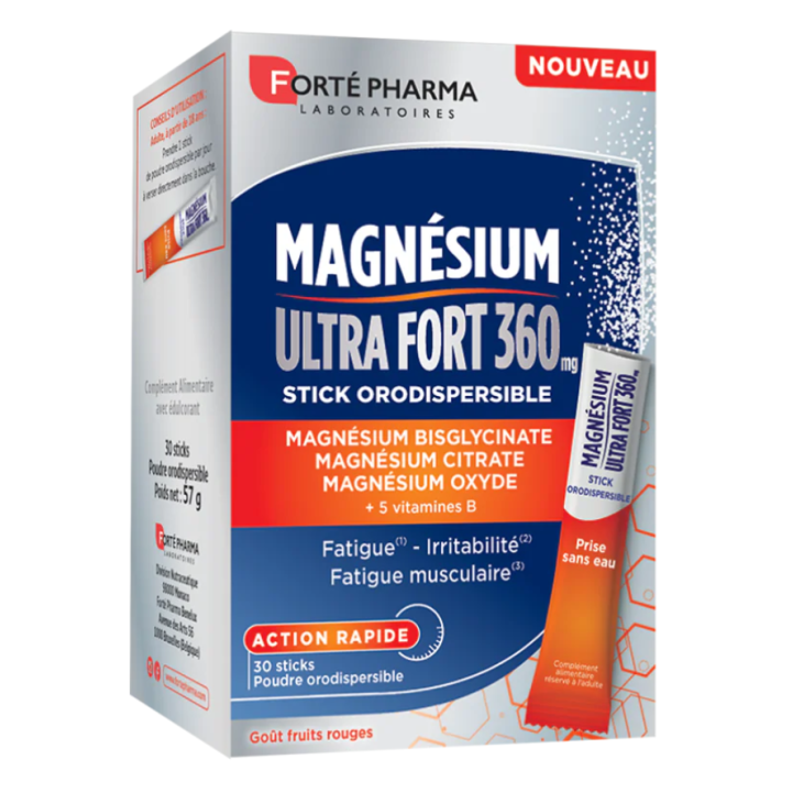 Ultra starkes Magnesium 360mg Forté Pharma - Packung mit 30 Sticks