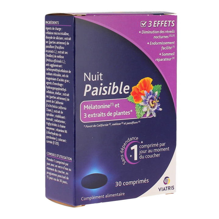 Ruhige Nacht Melatonin und 3 Pflanzenextrakte Viatris - Packung mit 30 Tabletten