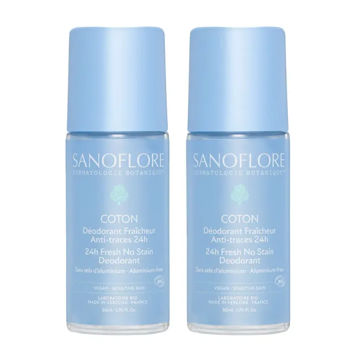 Deodorant Frische Baumwolle Anti-Spuren 24h Bio Sanoflore - Sonderangebot 2 Roll-ons à 50 ml