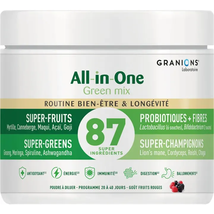 All-in-One Green Mix Wohlbefinden und Langlebigkeit rote Früchte Granions - 146g Dose