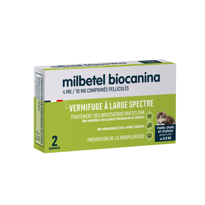 Milbetel Wurmkur für kleine Katzen und Kätzchen 4mg/10mg Biocanina - Packung mit 2 Tabletten