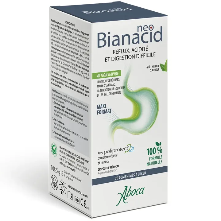 NeoBianacid Säure und Reflux Zitronengeschmack Aboca - Packung mit 70 Lutschtabletten