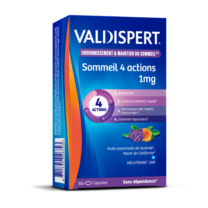 Melatonin 1 mg 4 Wirkungen Valdispert - Packung mit 30 flüssigen Kapseln
