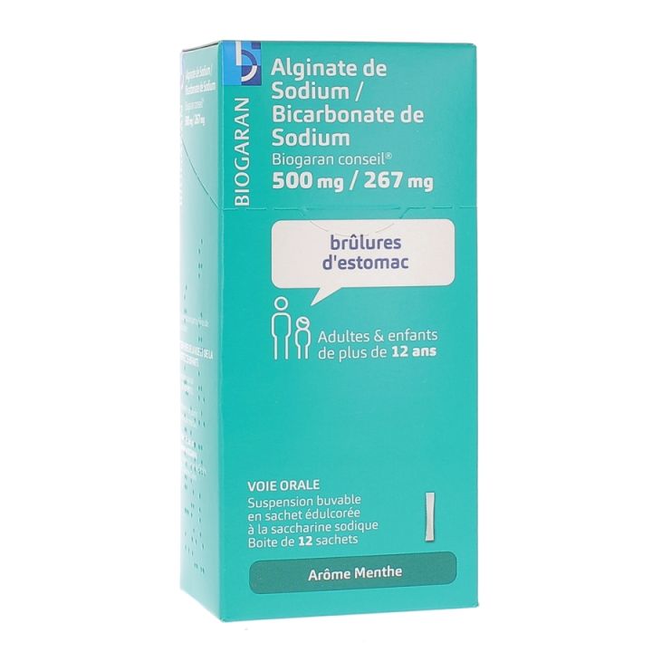 Natriumalginate/Natriumbicarbonat Biogaran 500 mg/267 mg - Packung mit 12 zuckerfreien Minzbeuteln