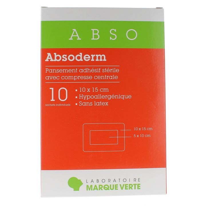 Absoderm Sterile Wundverbände mit zentralem Kompress 10x15cm Grüne Marke - Packung mit 10 Einzelbeuteln