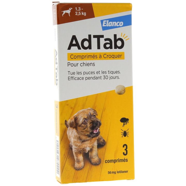 AdTab 56 mg Hund 1,3-2,5 kg Elanco - Packung mit 3 Kaumtabletten