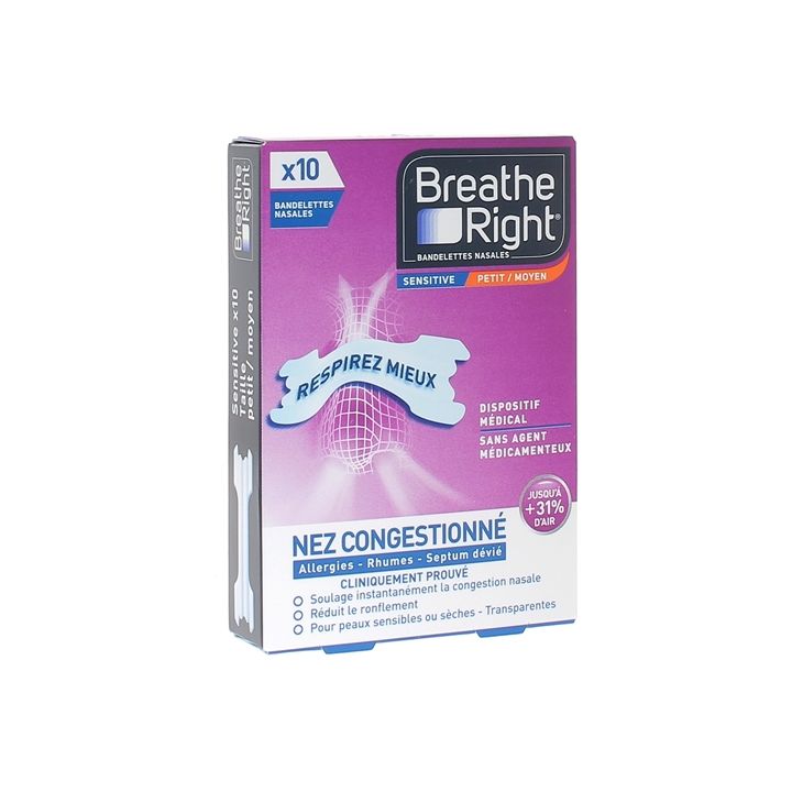 Breathe Right sensitive Nasenstreifen - Packung mit 10 transparenten Streifen