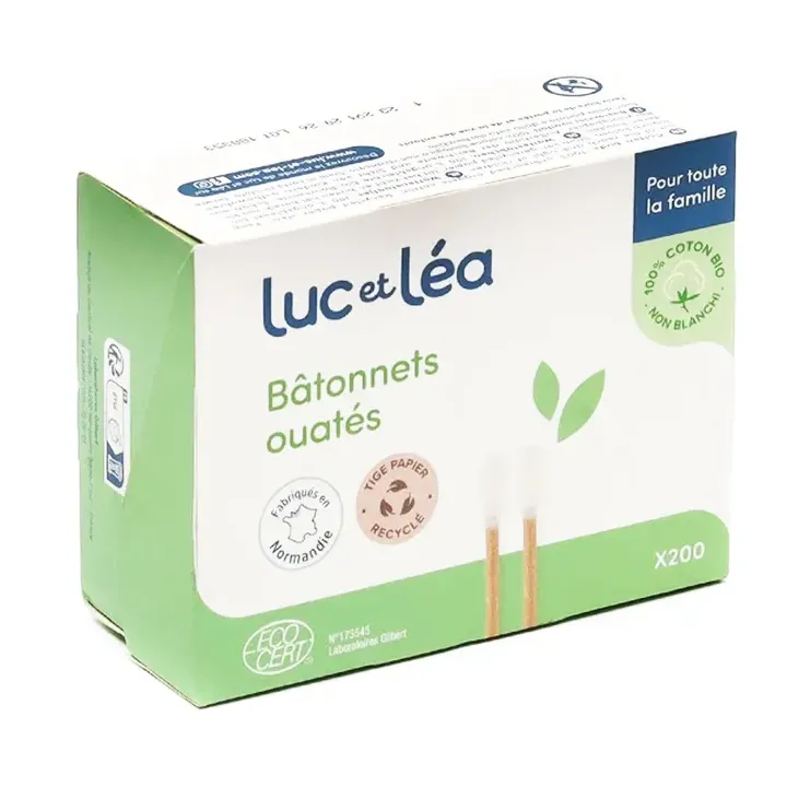 Baumwollstäbchen mit Papierstiel Luc und Léa - Box mit 200 Stäbchen