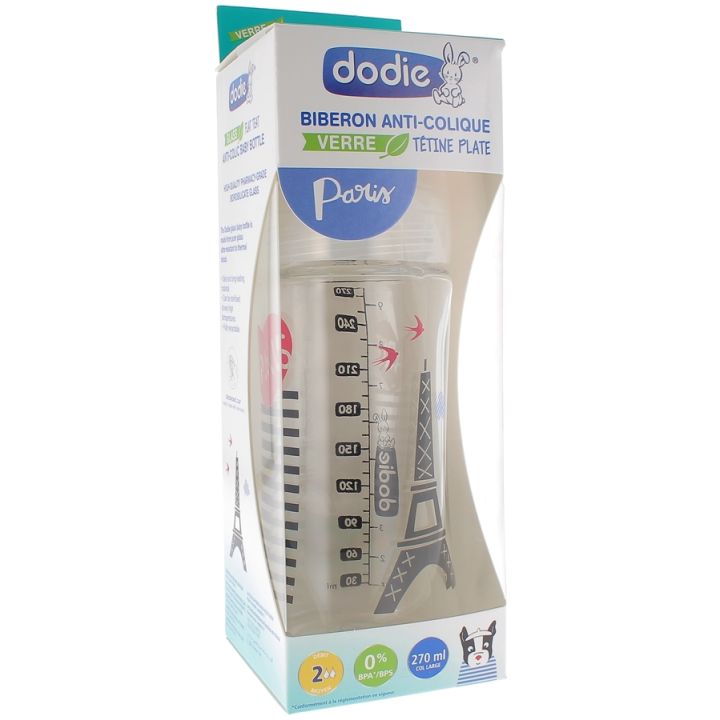 Anti-Kolik Glasflasche Paris Durchfluss 2 - 0-6 Monate Dodie - Flasche mit 270 ml
