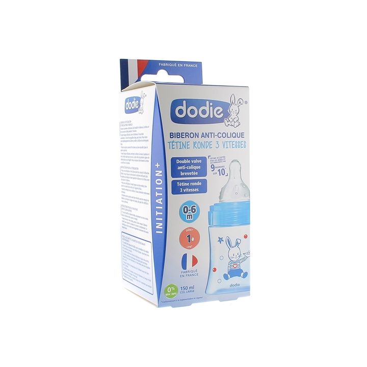 Initiation+ Flasche mit runder Sauger 3 Geschwindigkeiten Boot 0-6 Monate Dodie - 150ml Flasche