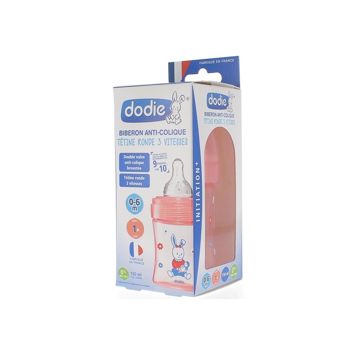 Schnullerflasche Initiation+ runde Sauger 3 Geschwindigkeiten rosa Puppe 0-6 Monate Dodie - Flasche mit 150ml