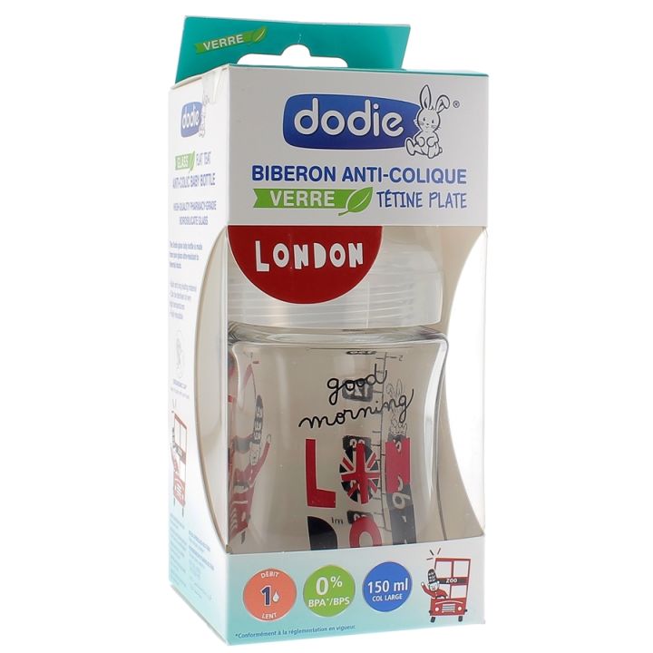 Anti-Kolik Glasflasche mit flachem Sauger Dodie - 1 Glasflasche