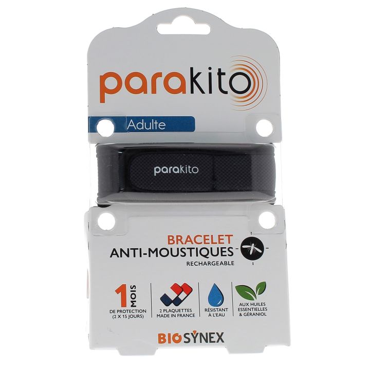 Wiederaufladbares schwarzes Mückenabwehrarmband Parakito - 1 Armband + 2 Nachfüllungen