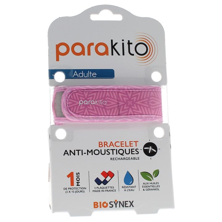 Wiederaufladbares Mückenabwehrarmband rosa Para'kito - 1 Armband + 2 Nachfüllungen