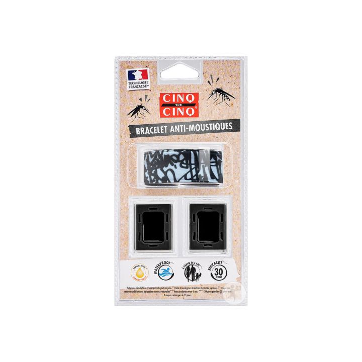 Schwarzes Graffiti-Mückenarmband Cinq sur Cinq - ein Armband + 2 Nachfüllungen