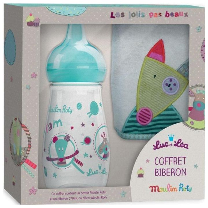 Moulin Rotin Luc und Léa Flaschen-Set - 1 Flasche mit 270 ml + 1 Lätzchen