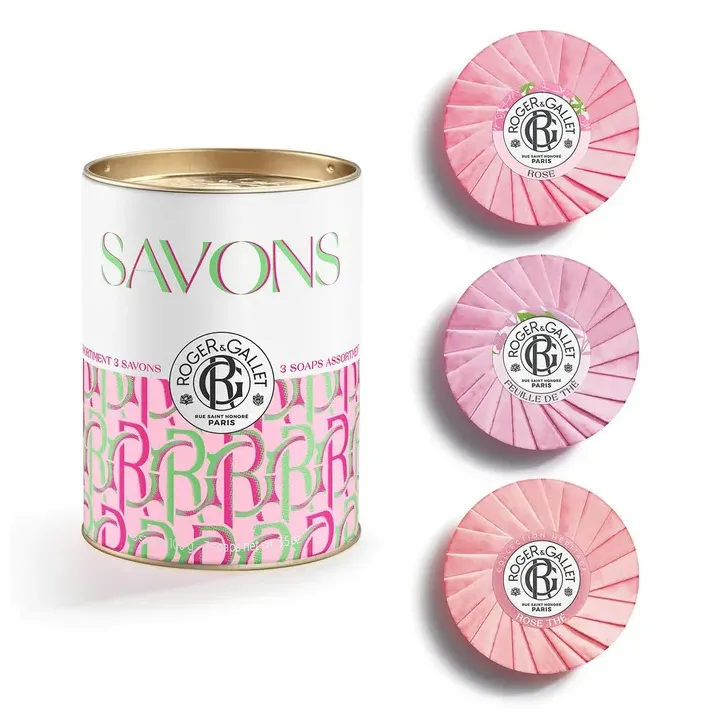 Geschenkset mit wohltuenden Seifen Tee-Blatt, Rose, Rosen-Tee Roger & Gallet - Box mit 3 Seifen à 100g