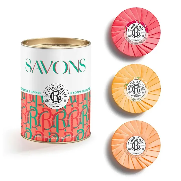 Geschenkset mit wohltuenden Seifen Ingwer Rot, Neroli, Nelke Mignardise Roger & Gallet - Box mit 3 Seifen à 100g
