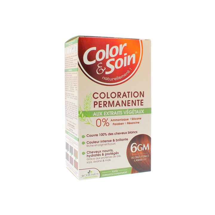 Farbe & Pflege Permanente Haarfarbe mit pflanzlichen Extrakten dunkelblond Zimt 6GM Les 3 Chênes - Set mit 4 Produkten