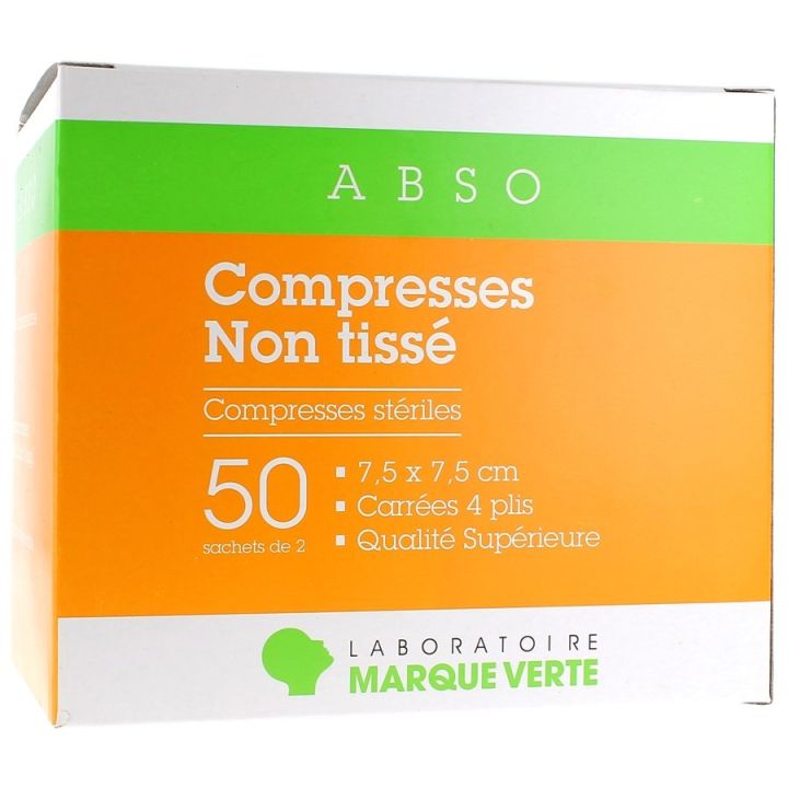 Sterile Vlieskompressen Grüne Marke - Box mit 50 Beuteln zu je 2 Kompressen von 7,5x7,5cm