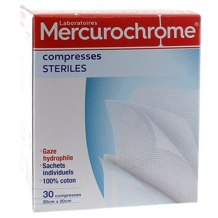 Sterile Baumwollkompressen Mercurochrome - Packung mit 30 Kompressen