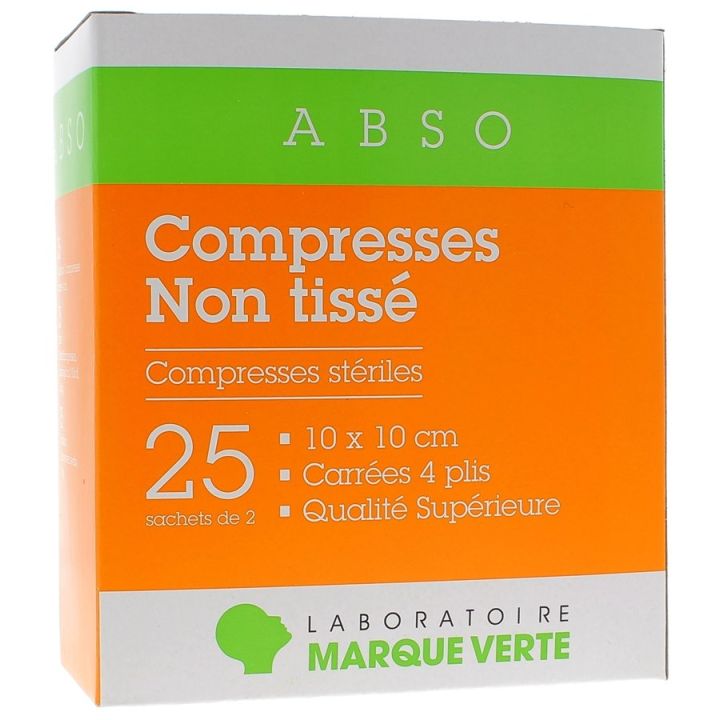Sterile Vlieskompressen Grüne Marke - Schachtel mit 25 Beuteln zu je 2 Kompressen von 10x10cm