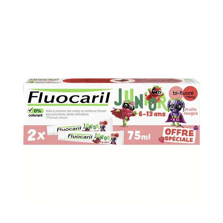 Junior-Zahnpasta für erste bleibende Zähne mit roten Früchten Fluocaril - 2er-Pack mit 75 ml Tuben